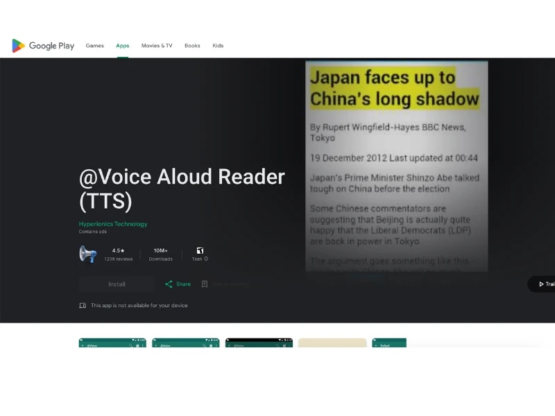 Screenshot of the Google Play Store page for "@Voice Aloud Reader (TTS)" app, with a news article titled "Japan faces up to China's long shadow" in the background.