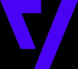 Bold blue letter "V" with a diagonal slash through it.