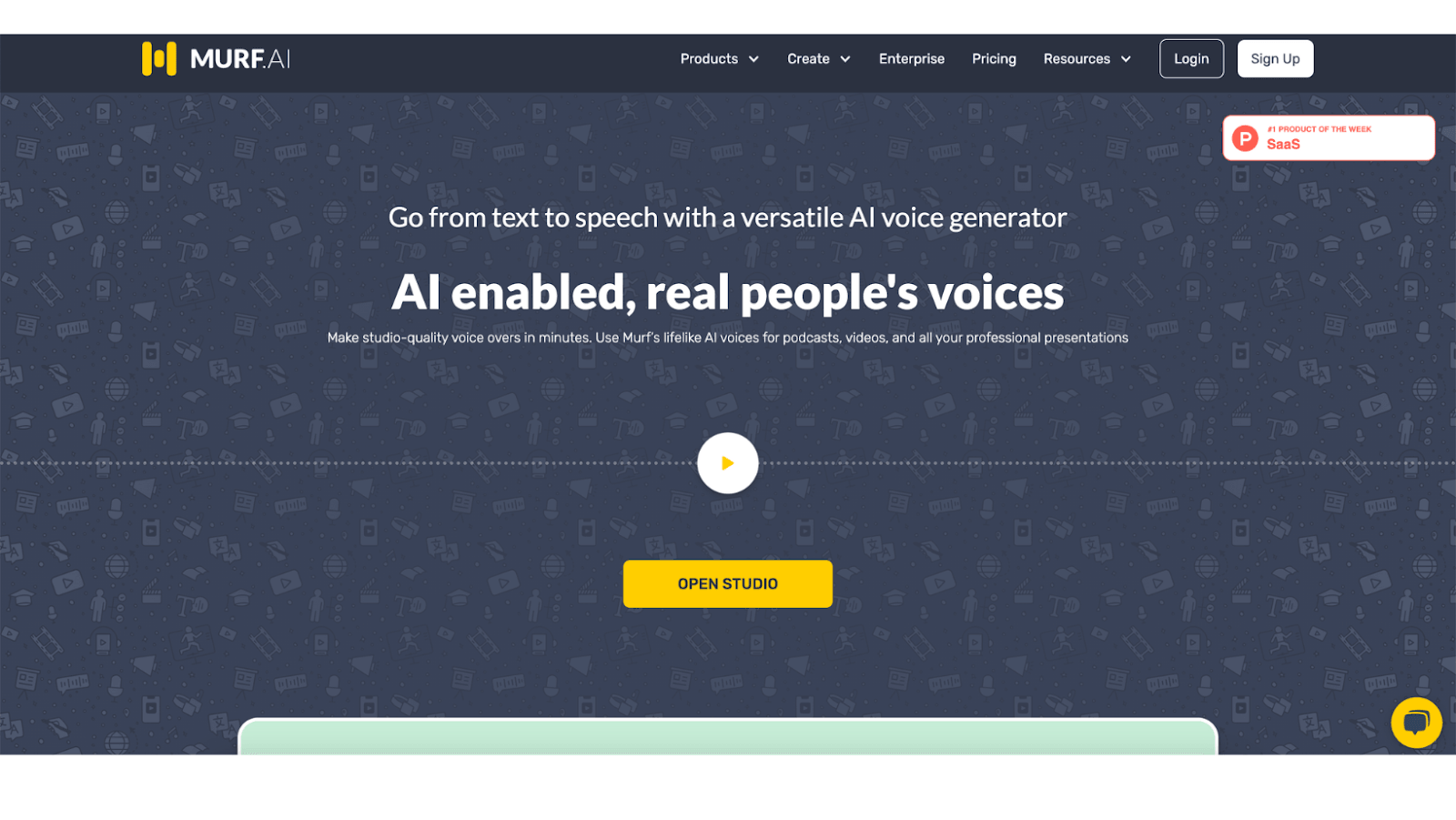 Screenshot of the homepage of Murf.ai, a website for AI voice generation, featuring a dark blue background with icons, a prominent "Open Studio" button, and navigation options at the top.