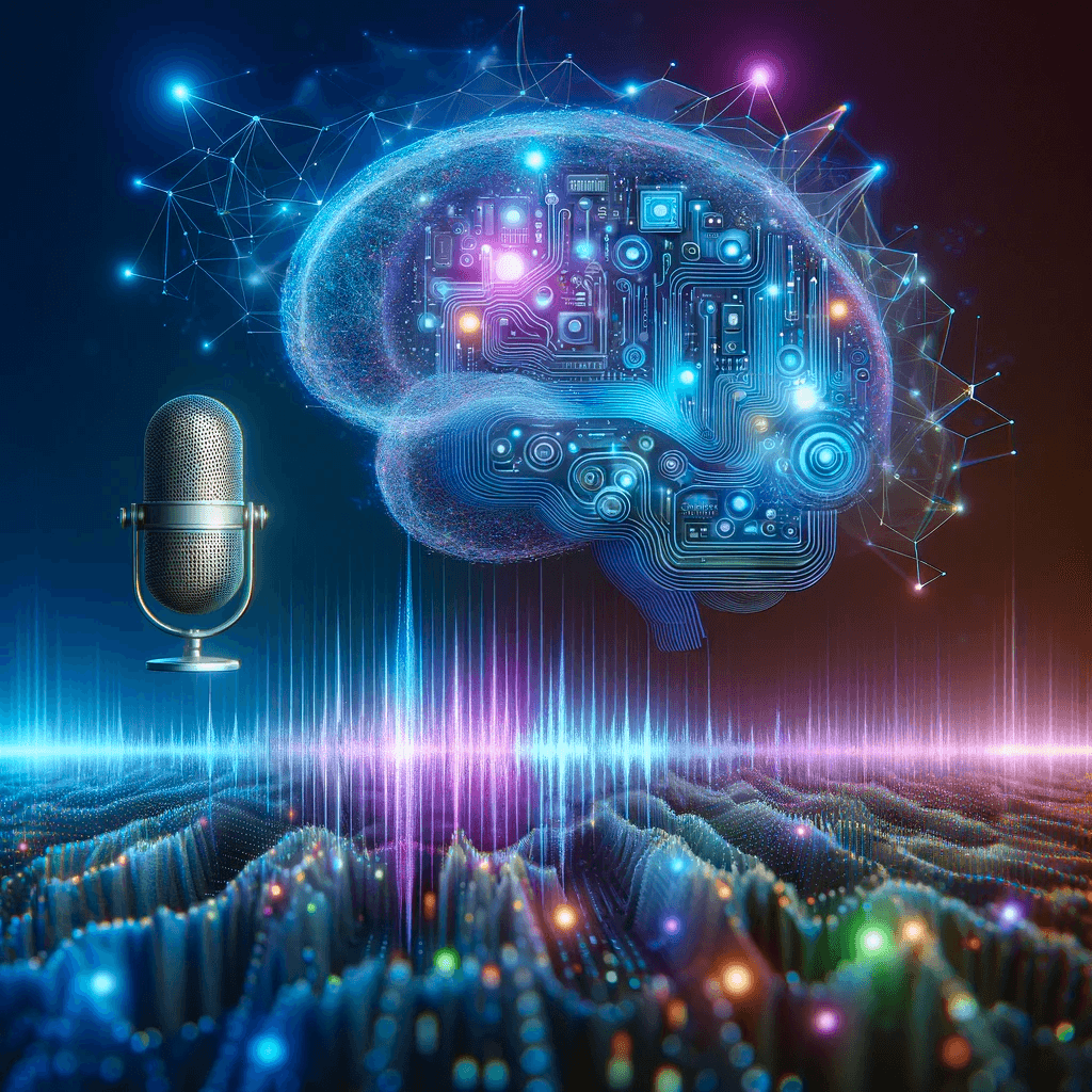 A digital illustration of a brain with circuitry inside, connected to a microphone, with colorful data waves and network nodes in the background.