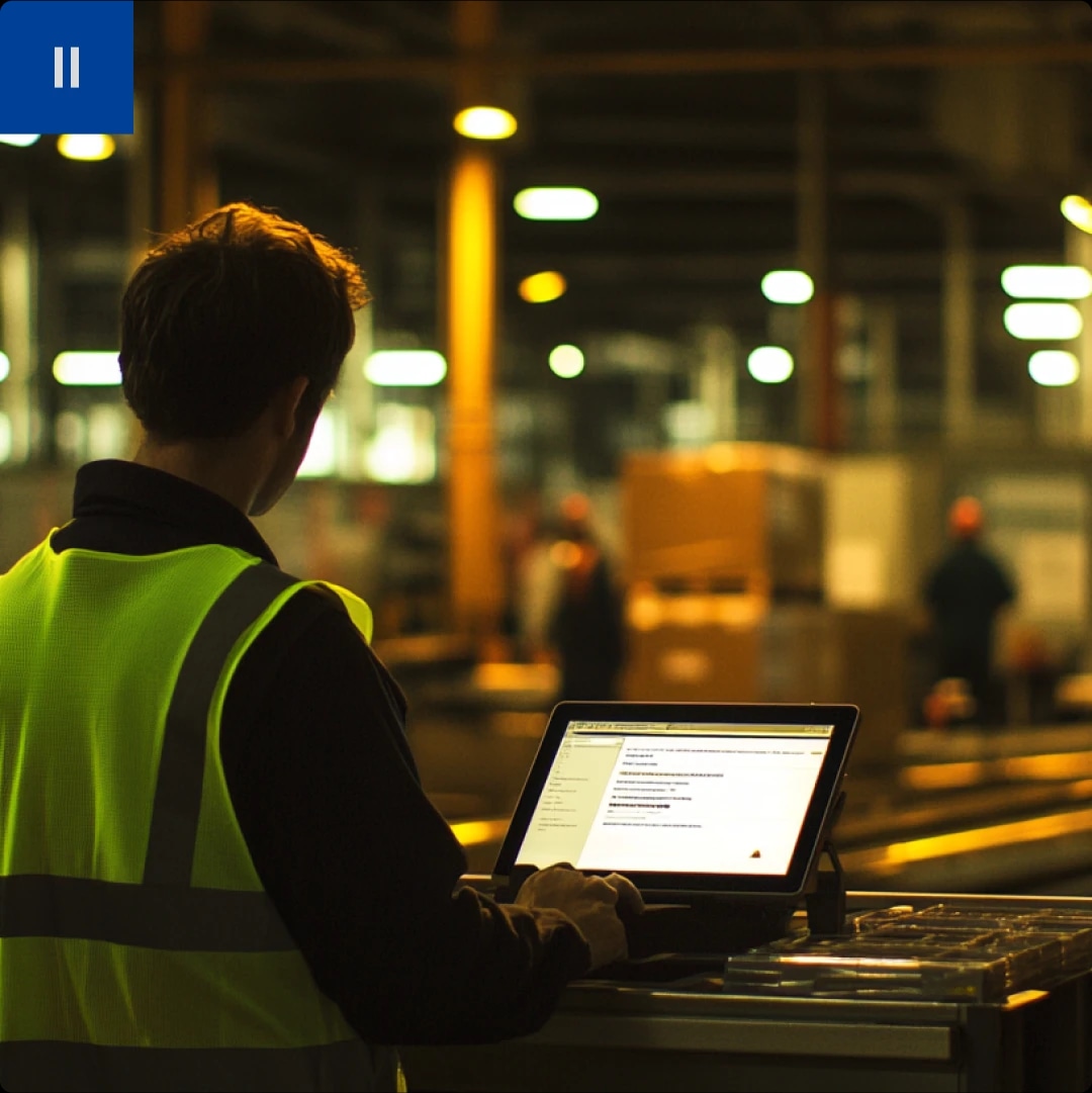 A person wearing a high-visibility vest working on a laptop in an industrial or warehouse setting at night.