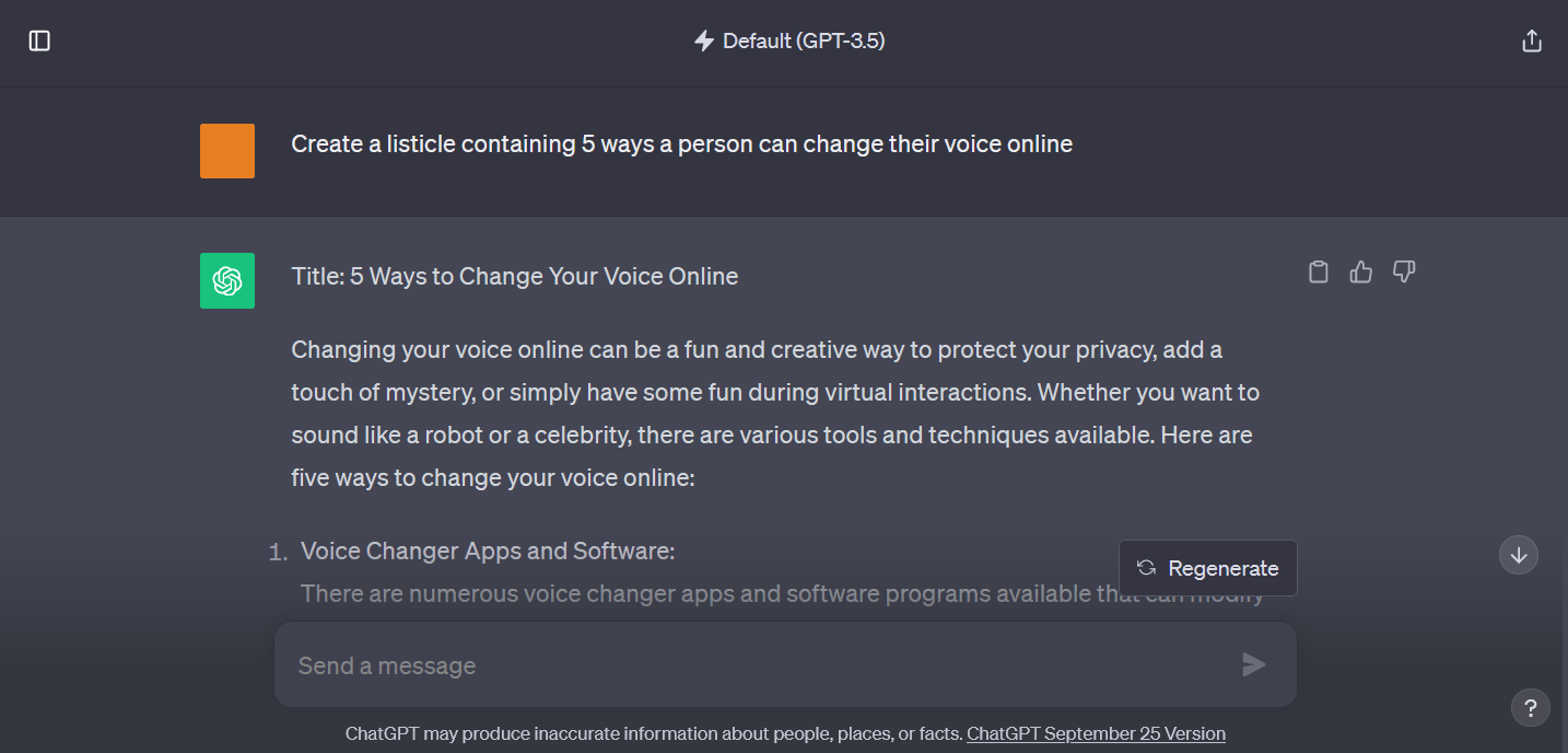 Screenshot of a digital interface with a list titled "5 Ways to Change Your Voice Online," including a paragraph explaining voice-changing tools and options.