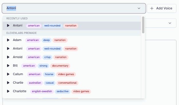 A dropdown menu showing a list of names with associated tags such as "american," "well-rounded," "narration," and others.