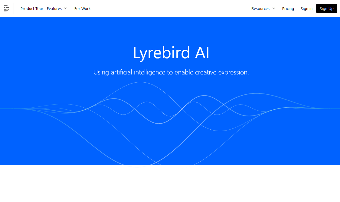 Lyrebird AI homepage with a blue background and white text about using artificial intelligence for creative expression.