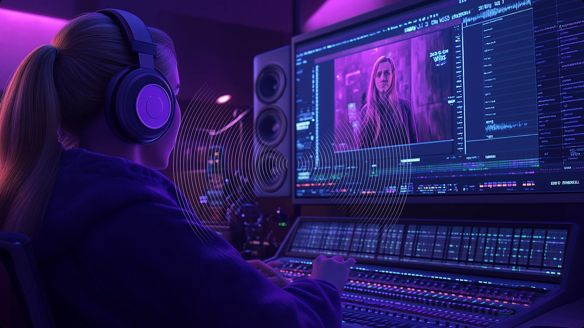 A person wearing headphones working on video editing on a computer with a large screen displaying a woman in a purple-lit scene.