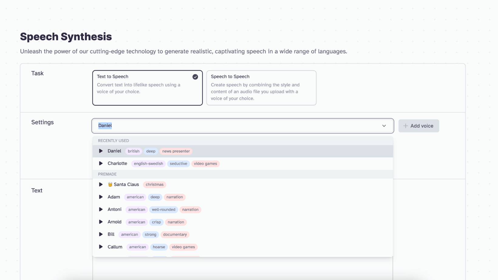 Screenshot of a speech synthesis interface with options for text-to-speech and speech-to-speech, including voice selection and tags.