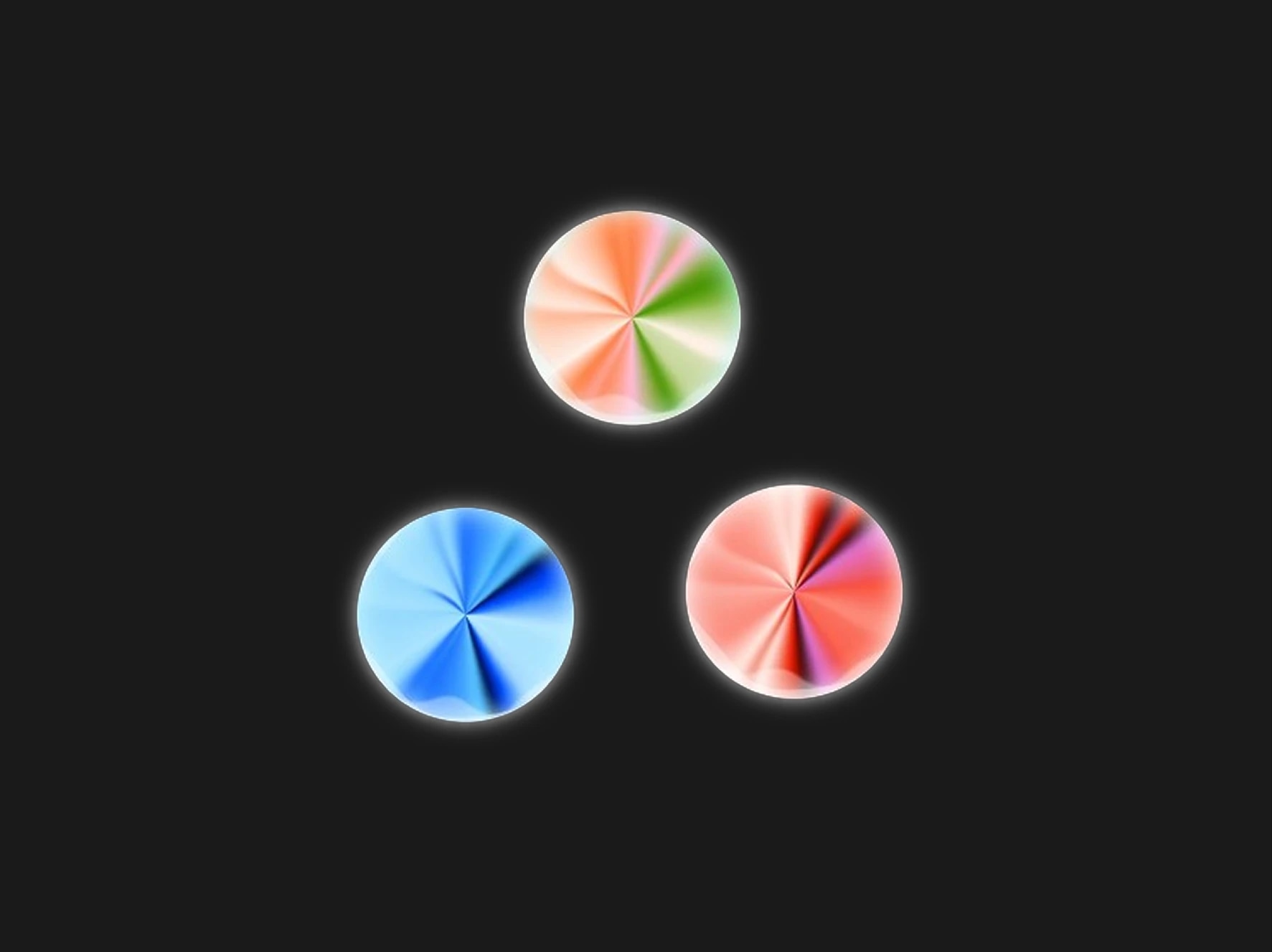Three glowing, multicolored circular shapes on a black background.