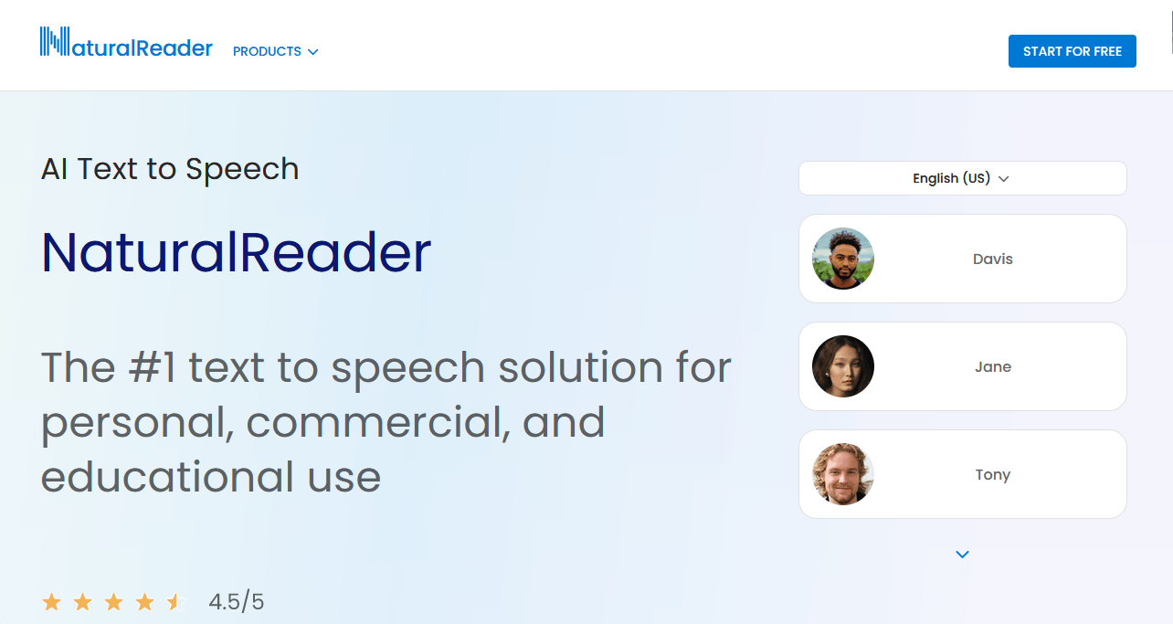 Screenshot of the NaturalReader website homepage, featuring a blue and white color scheme, a "Start for Free" button, and images of three people labeled Davis, Jane, and Tony.