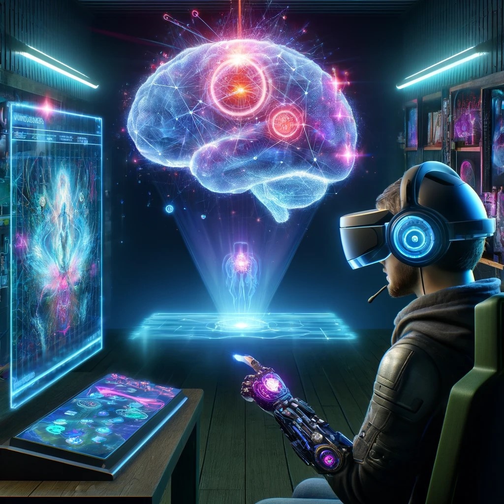 Person wearing a virtual reality headset with a robotic arm, interacting with a digital hologram of a brain and neural connections.
