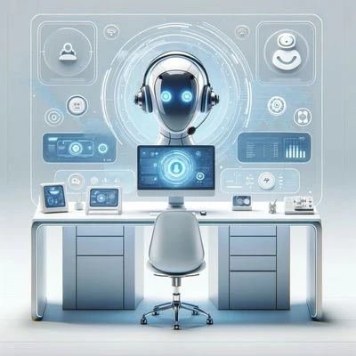 A robot with a headset and glowing eyes sitting at a desk with multiple screens and digital interfaces.