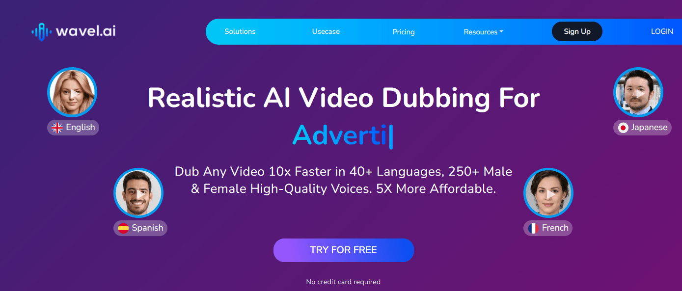 Screenshot of the Wavel.ai homepage showcasing AI video dubbing services with options for multiple languages and a "Try for Free" button.