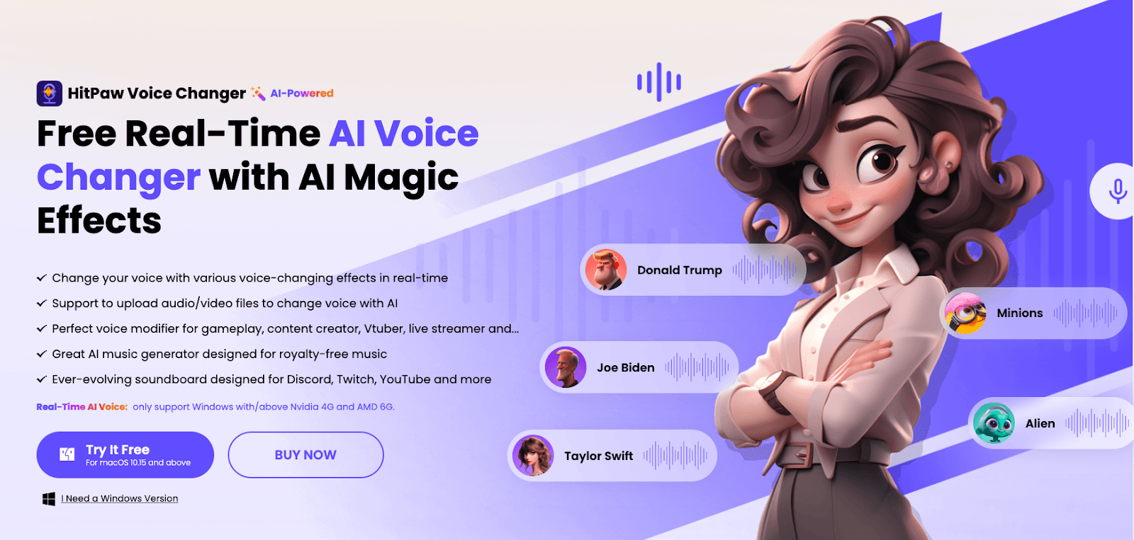 A promotional webpage for HitPaw Voice Changer featuring a cartoon woman with curly hair and voice samples from various celebrities and characters.