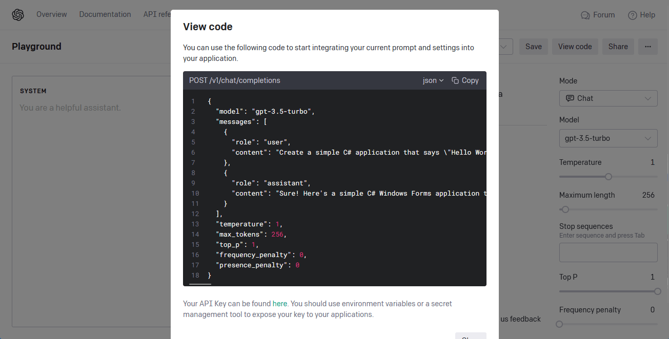 JSON code snippet for chat completions API request.