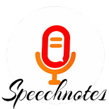 A stylized orange and red microphone icon with the word "Speechnotes" in cursive below.