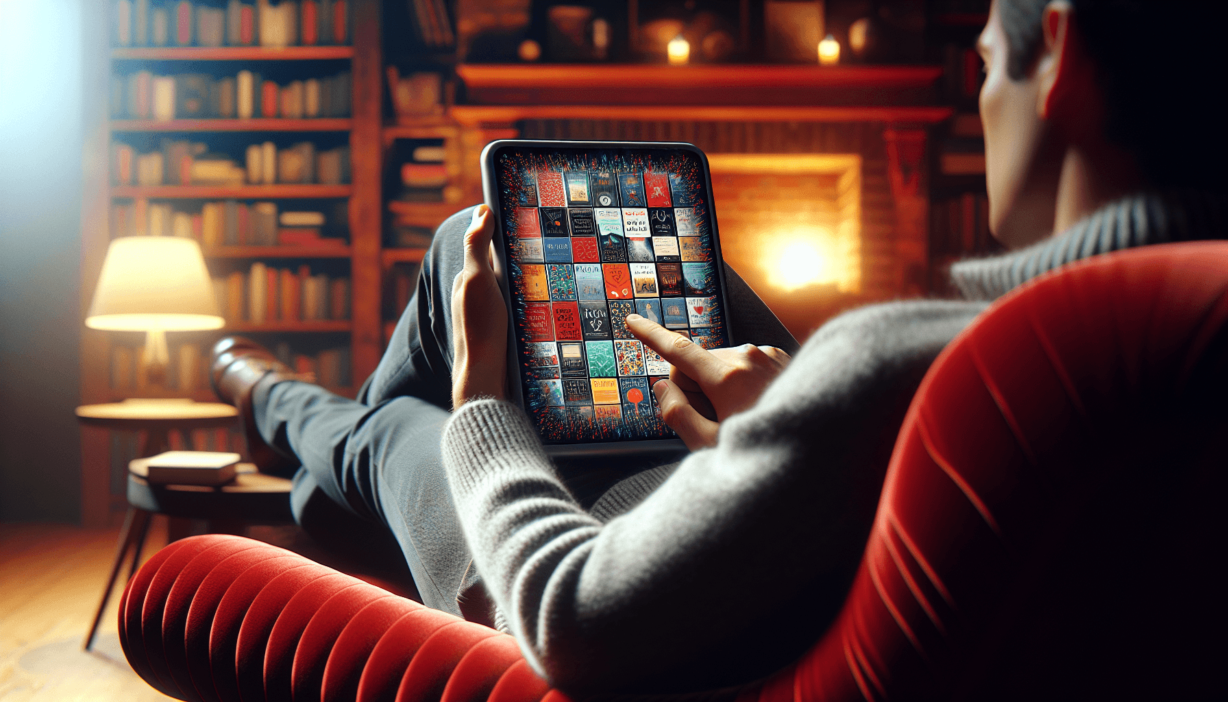 A person sitting on a red armchair, using a tablet to browse a digital library of book covers in a cozy, warmly lit room with wooden bookshelves.