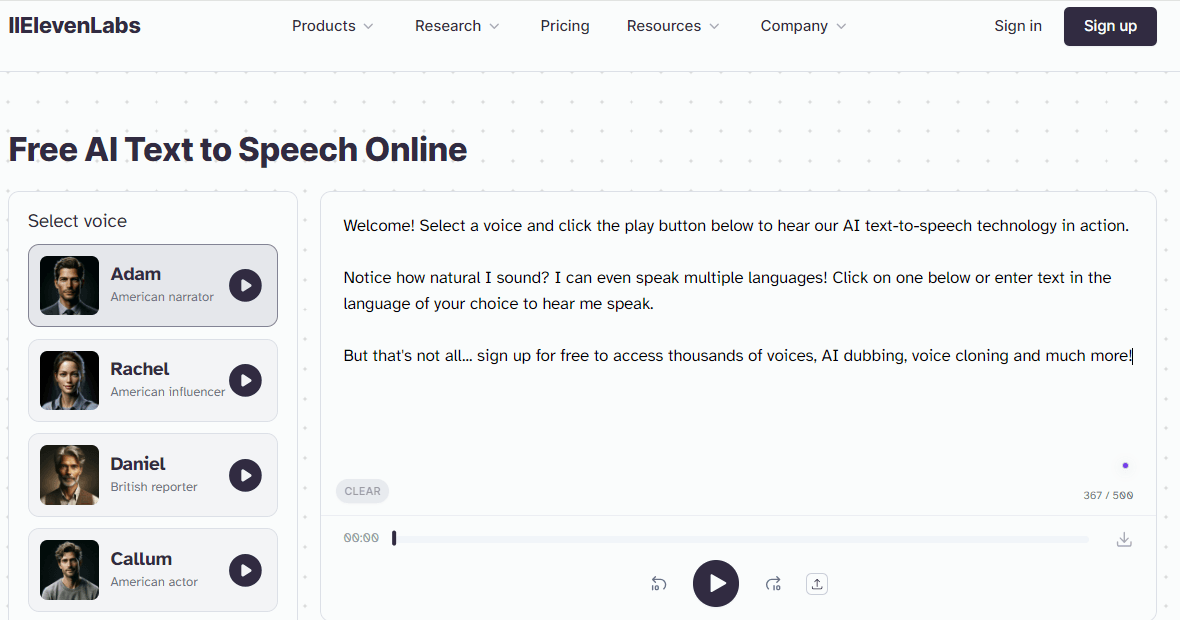 Screenshot of ElevenLabs' free AI text-to-speech online platform, showing voice options on the left and a text box with a play button on the right.