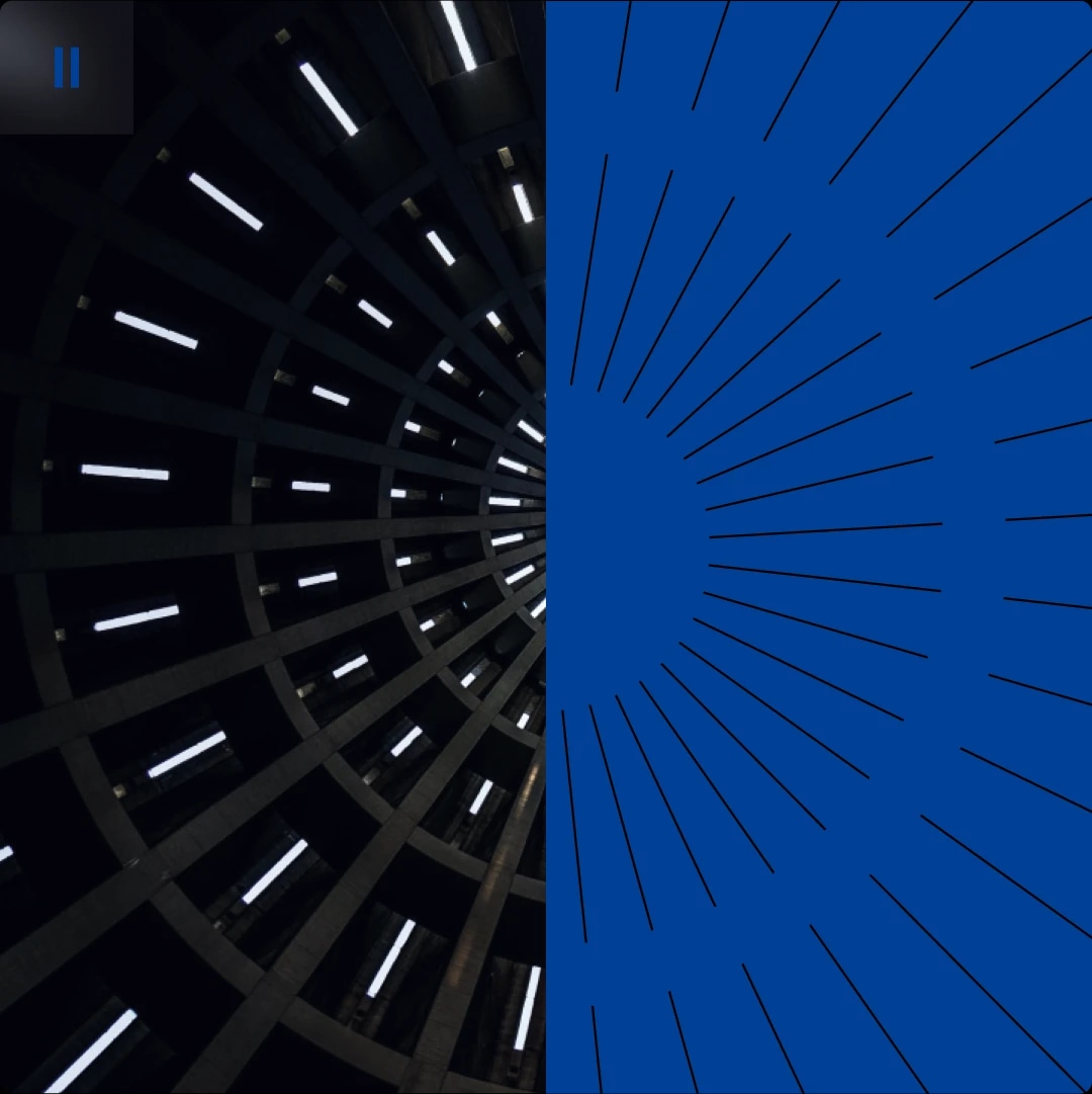 A split image showing the interior of a circular parking garage on the left and a blue background with radiating black lines on the right.
