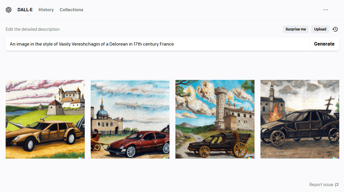 Four paintings of cars in different historical and scenic settings, in the style of Vasily Vereshchagin.