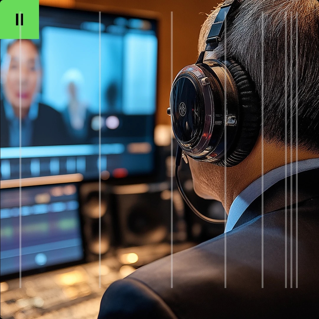 A person wearing headphones recording a video interview or presentation with a blurred screen showing a woman in the background.