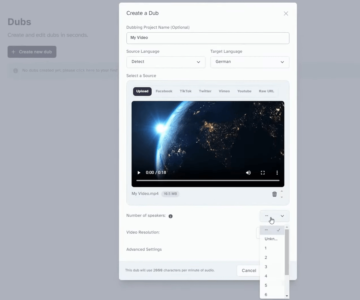 Screenshot of a video dubbing interface with options to upload a video, select source and target languages, and set the number of speakers.