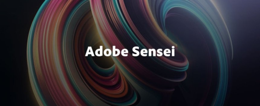 Adobe Sensei logo with colorful swirling background.