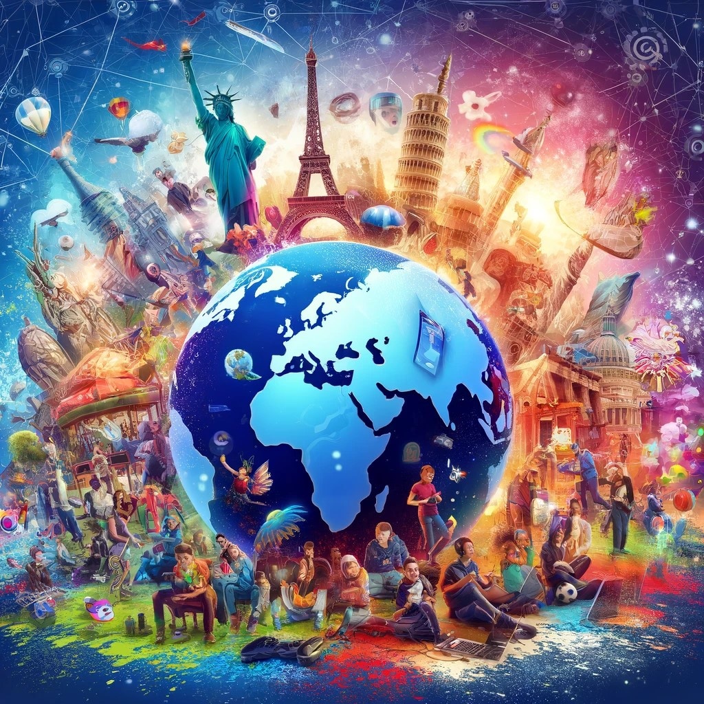 A colorful digital collage featuring iconic landmarks, diverse people, and various activities surrounding a globe representing Earth.