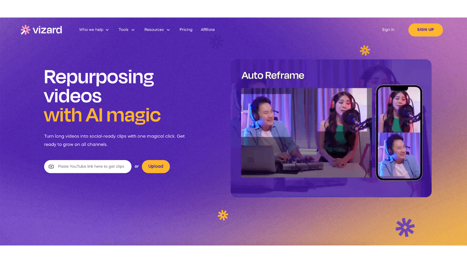 Screenshot of a website homepage for a video repurposing service, featuring a purple and orange gradient background, a headline about transforming videos with AI magic, a YouTube link input box, an upload button, and an illustration of a person on a computer and mobile device.