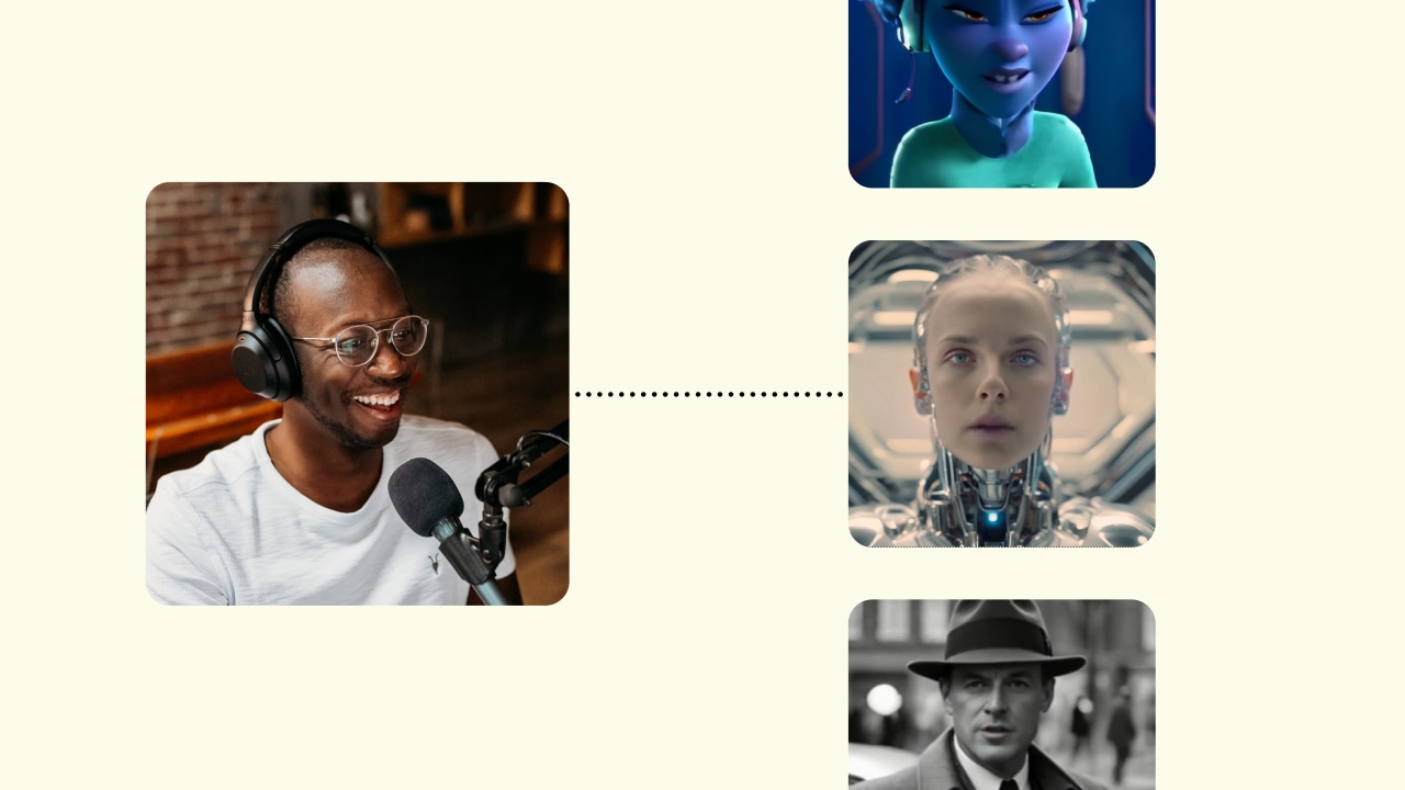 A man with glasses and headphones speaking into a microphone, connected to three different animated or computer-generated characters.