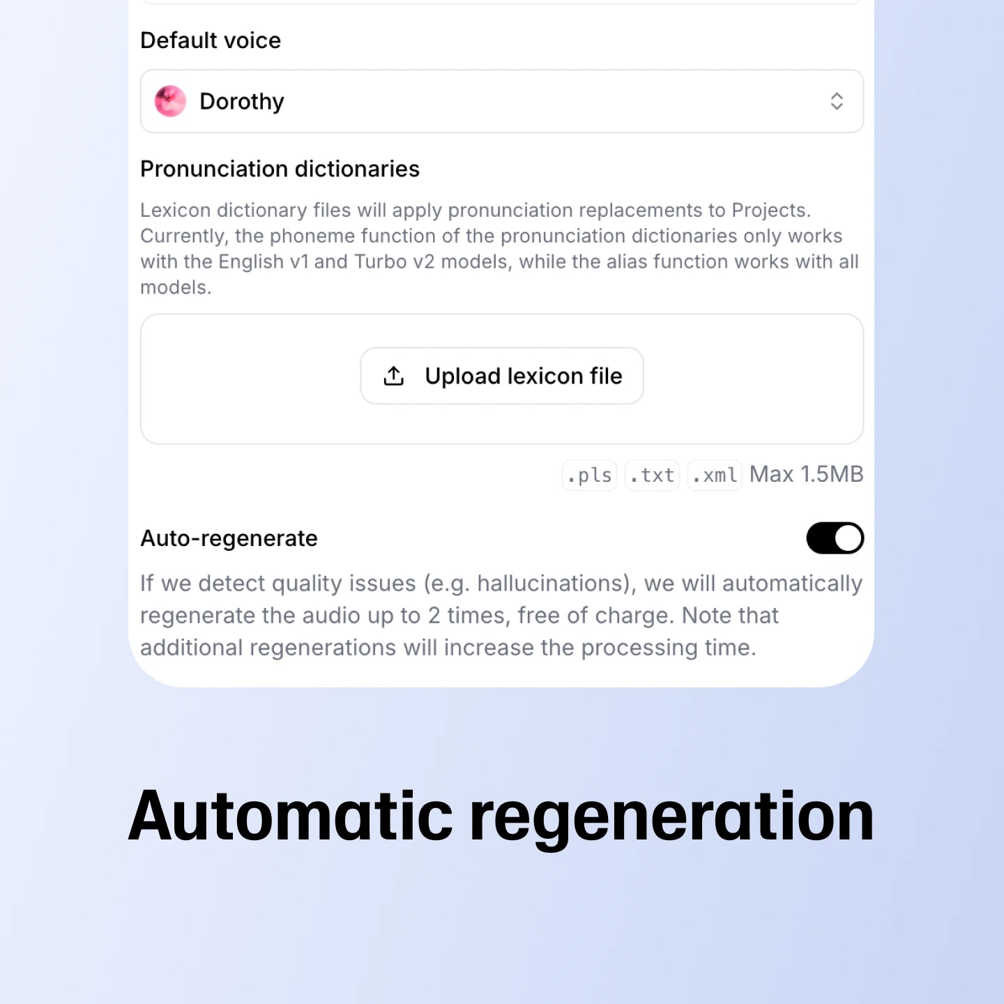 Screenshot of a software interface for setting pronunciation dictionaries and auto-regeneration options.