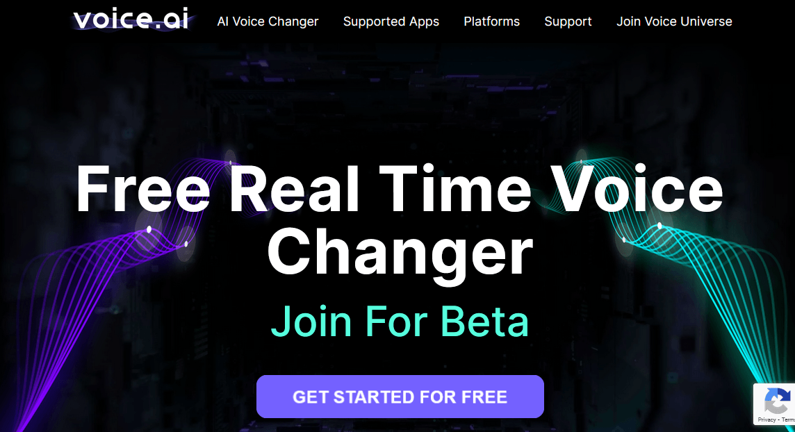 Free real-time voice changer website with a "Join for Beta" call to action.