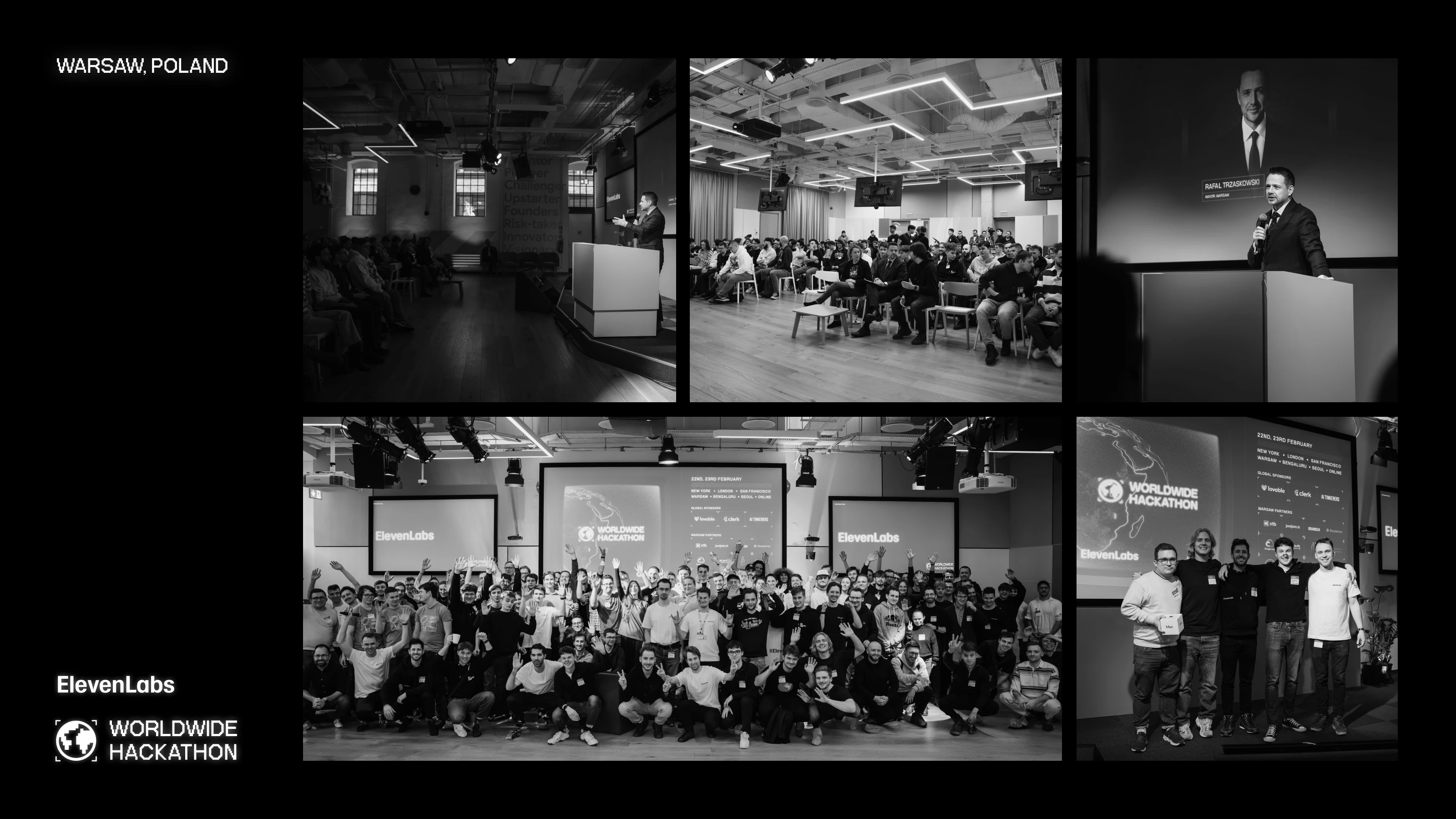 Black and white collage of images from a hackathon event in Warsaw, Poland, featuring speakers, an audience, and group photos of participants.
