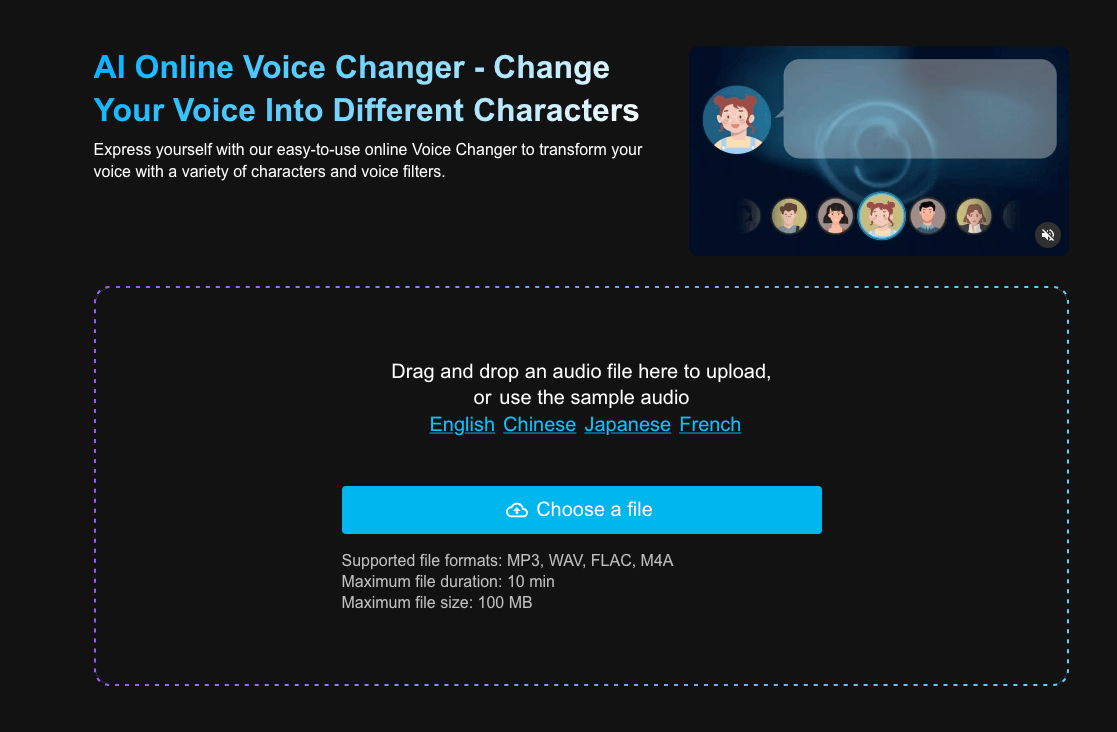 Screenshot of an AI online voice changer webpage with options to upload audio files and change voice characters.