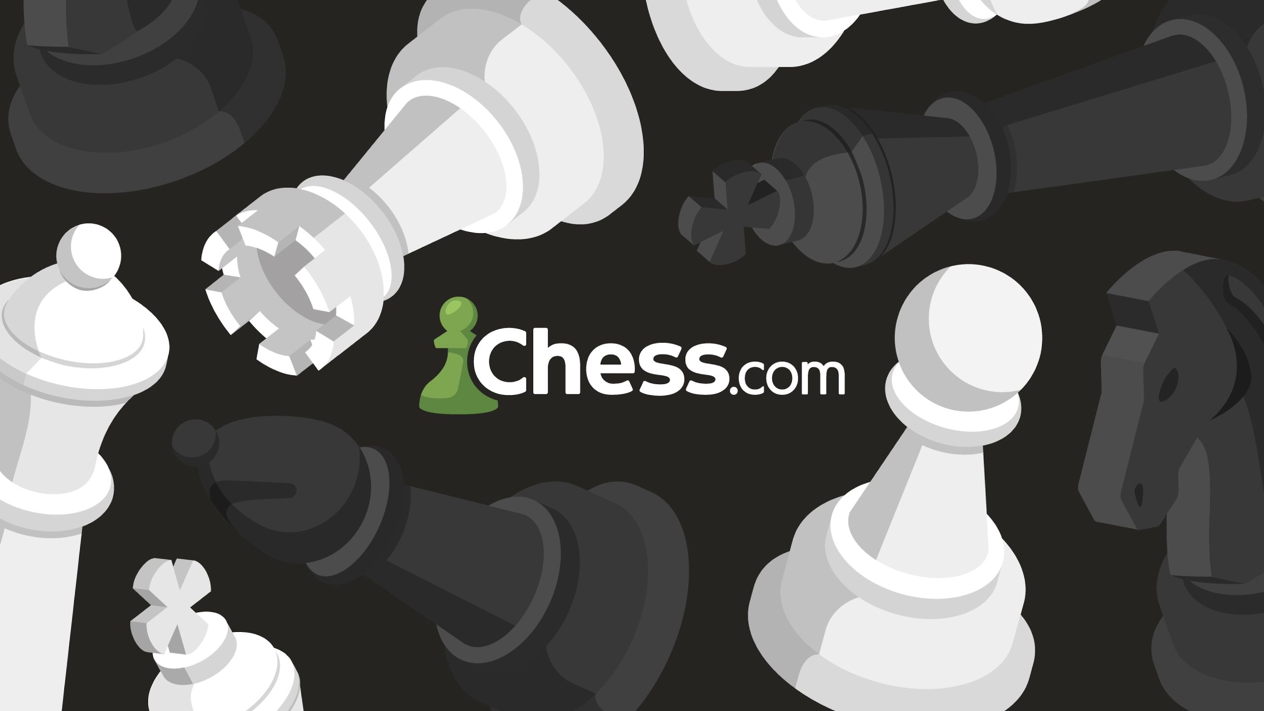Chess pieces surrounding the "chess.com" logo on a dark background.