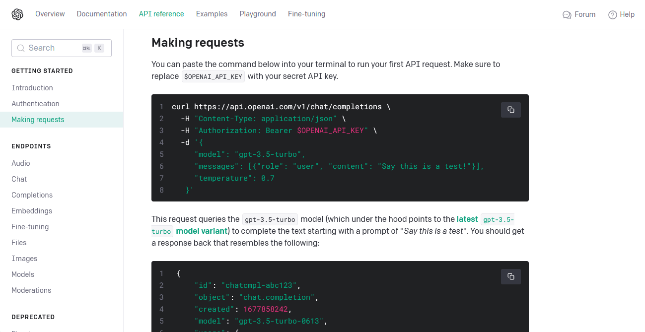 Screenshot of a webpage showing instructions for making API requests to OpenAI, including a curl command example.