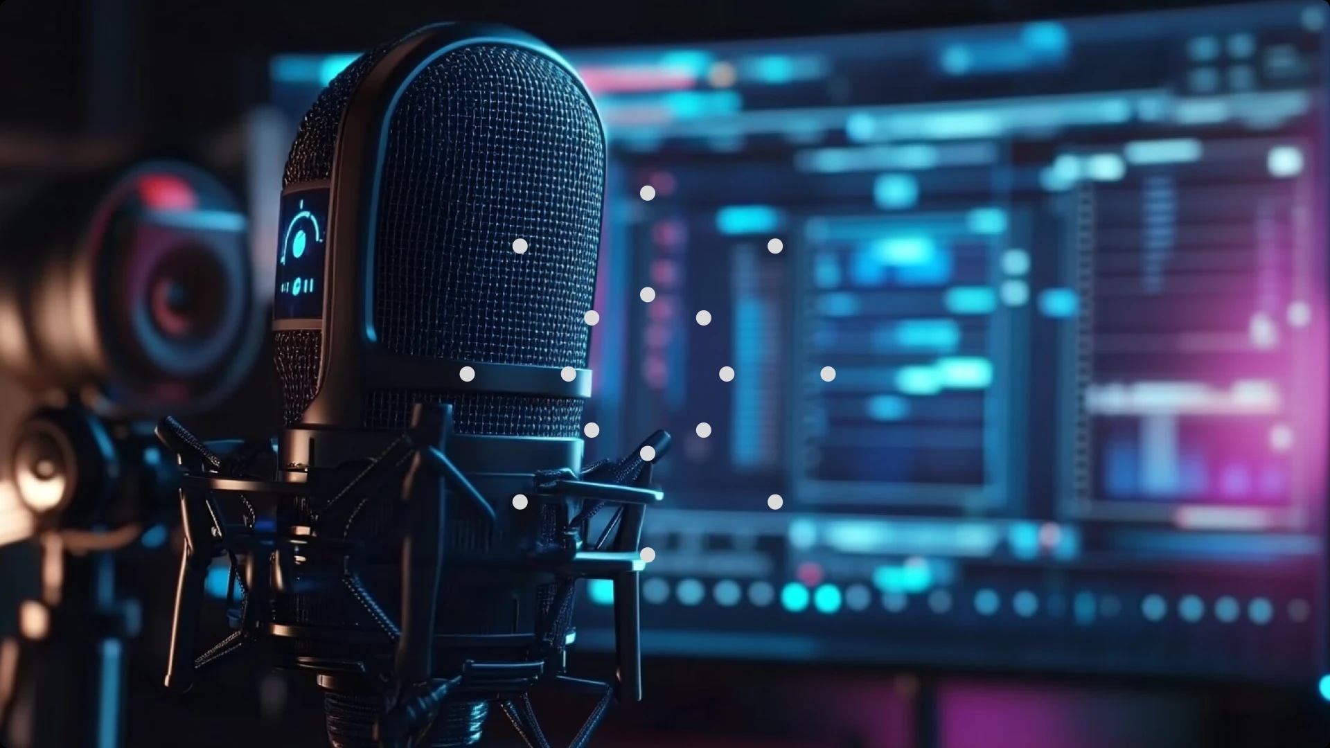 A close-up of a professional microphone in a recording studio with digital audio workstations on a screen in the background.