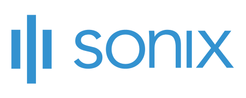 Sonix logo with blue vertical lines and the word "sonix" in blue lowercase letters.