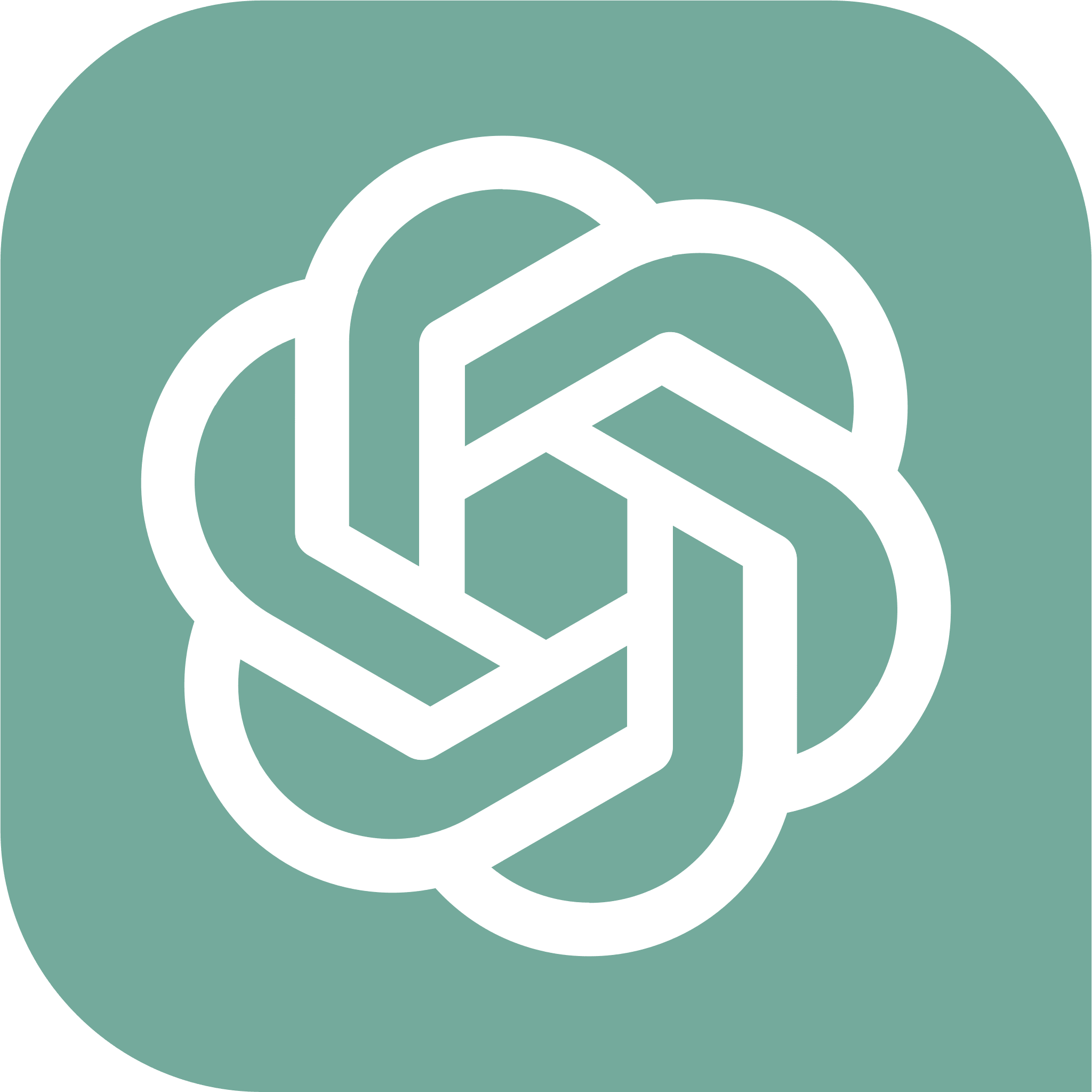 A stylized, interconnected geometric logo in white on a muted teal background.