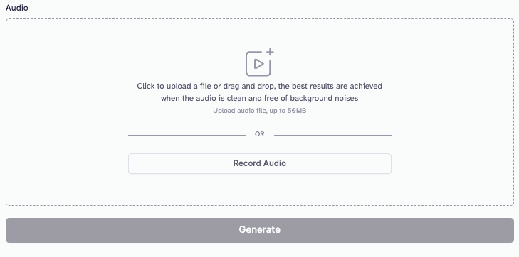 A webpage interface for uploading or recording audio files, with a "Generate" button at the bottom.
