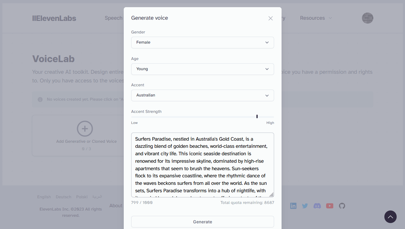 A pop-up window titled "Generate voice" with options for gender, age, accent, and accent strength, and a text box containing a description of Surfers Paradise in Australia.