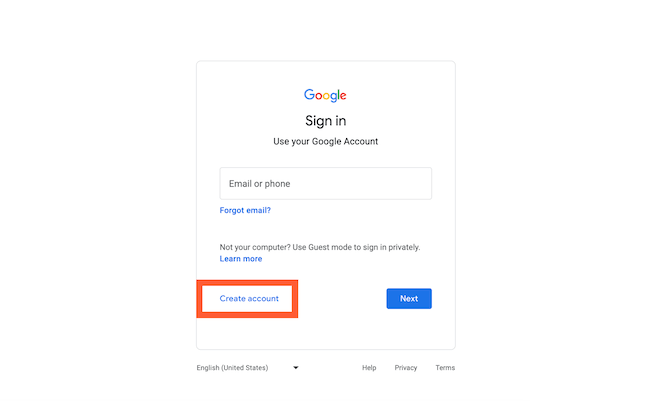 Google sign-in page with "Create account" button highlighted in red.