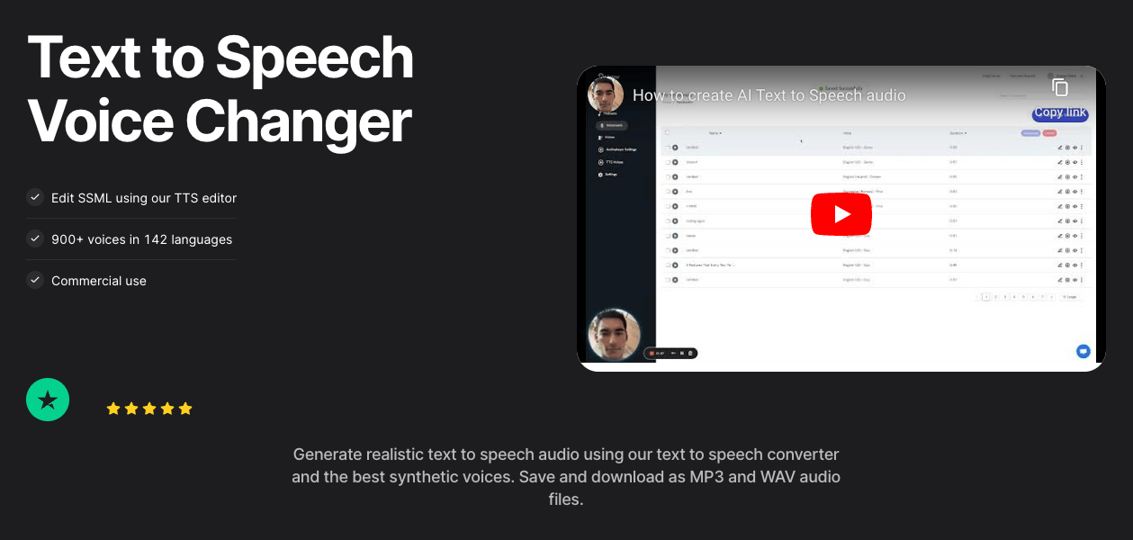 Screenshot of a webpage titled "Text to Speech Voice Changer" showing a video tutorial and features for generating speech audio from text.