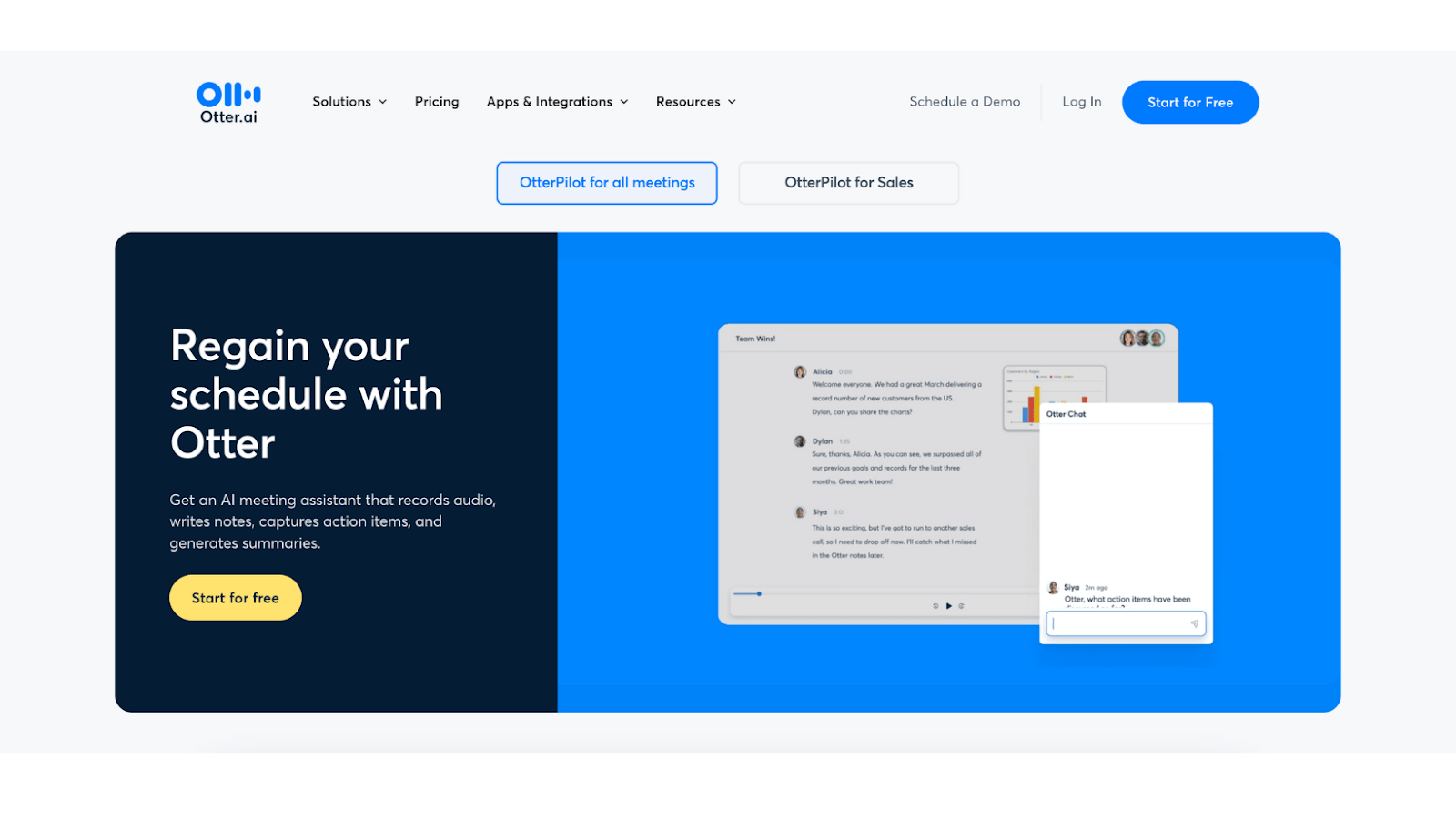 Screenshot of Otter.ai homepage with a headline about scheduling with Otter and a call-to-action button "Start for free".