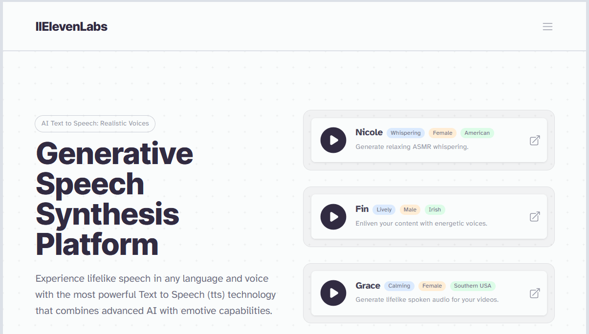 Screenshot of ElevenLabs' generative speech synthesis platform with options for creating AI-generated voice recordings.