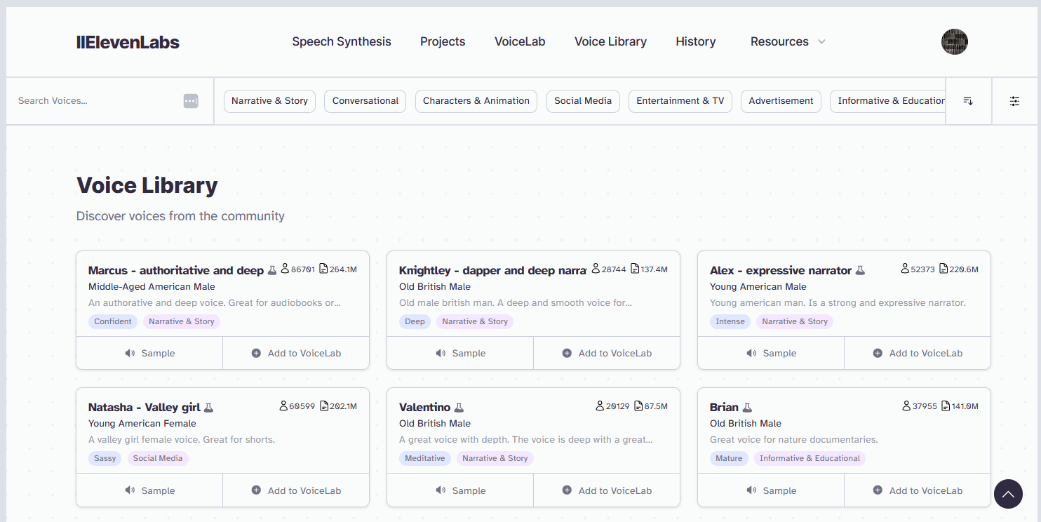 Screenshot of the IEelevenLabs Voice Library webpage displaying various voice profiles with their descriptions and tags.