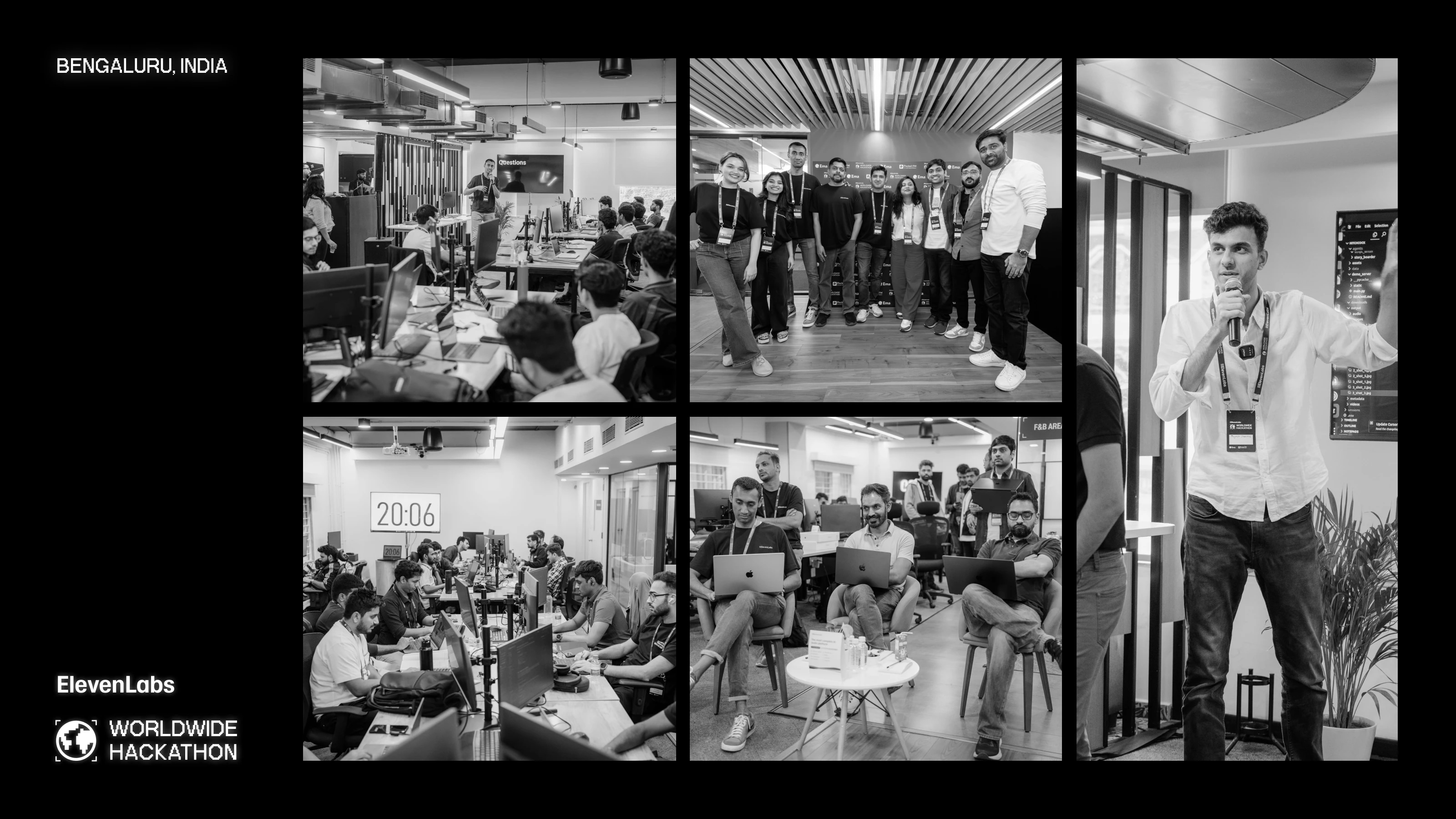 Collage of black-and-white photos from a hackathon event in Bengaluru, India, showing people working on computers, group photos, and a speaker presenting.