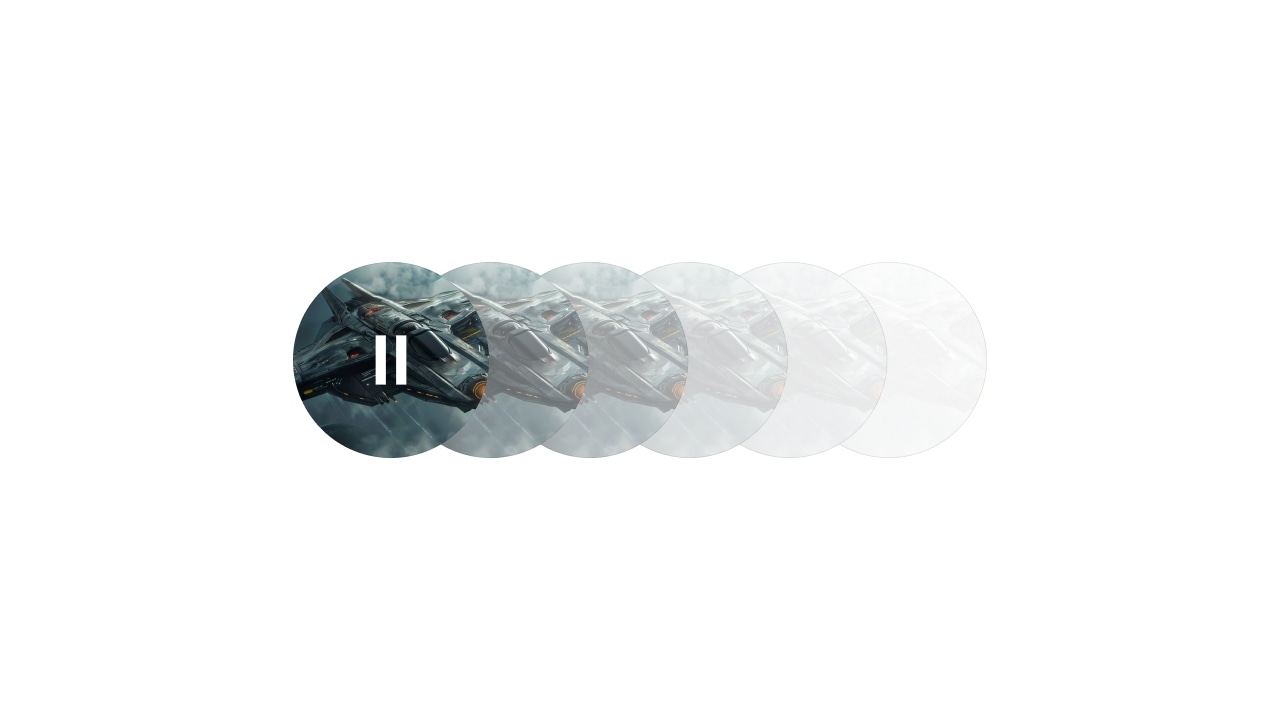 A series of six overlapping circles featuring a spaceship, with the first circle displaying a pause icon.