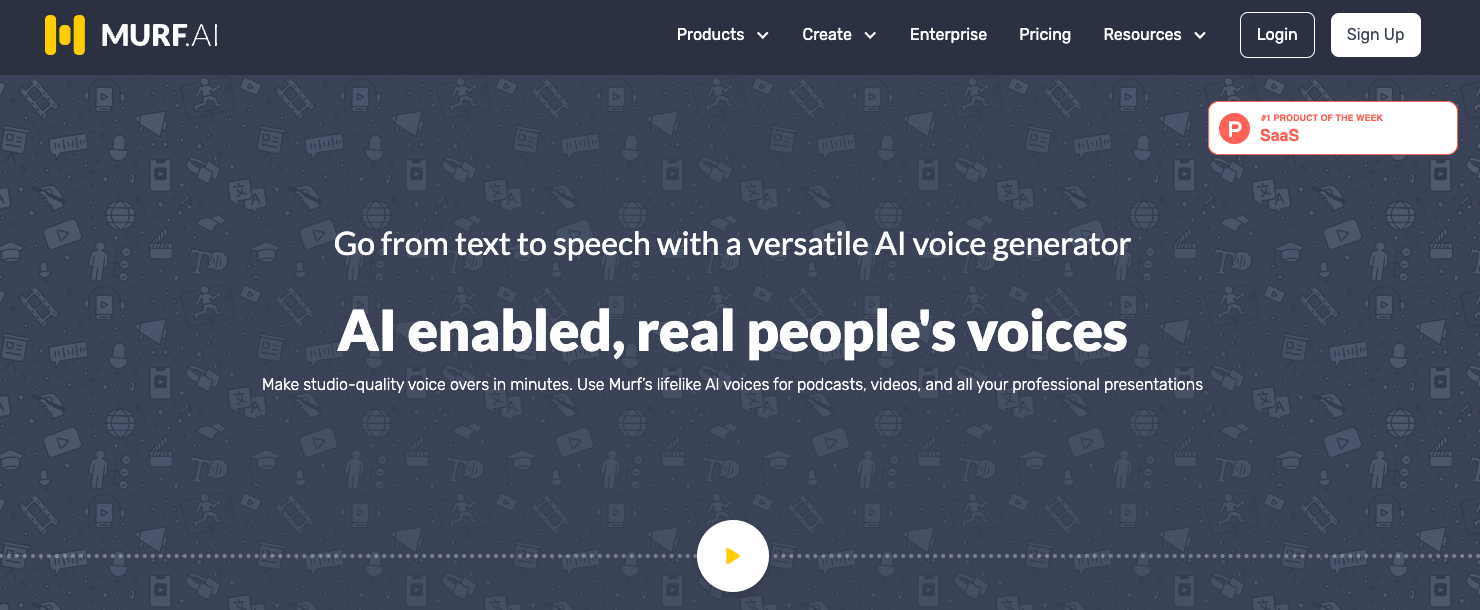Screenshot of the Murf.ai homepage featuring a dark background with icons, a headline about AI voice generation, and a play button in the center.