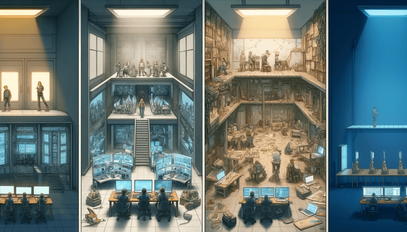 A digital illustration depicting four different levels of a building, each with distinct scenes related to technology, work, and creativity.