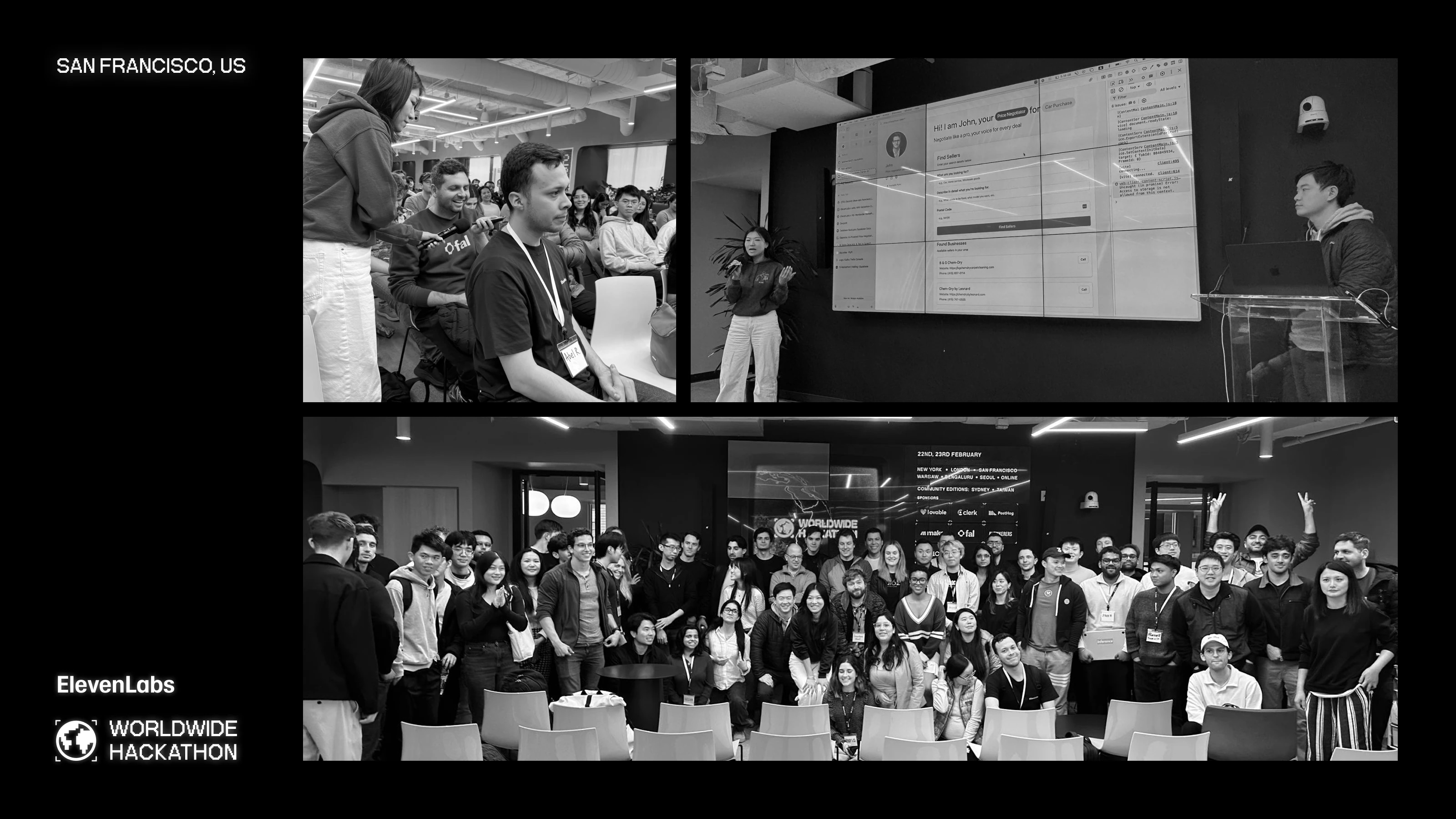 Group photo of participants at the Worldwide Hackathon event in San Francisco, with a presentation taking place in the background.