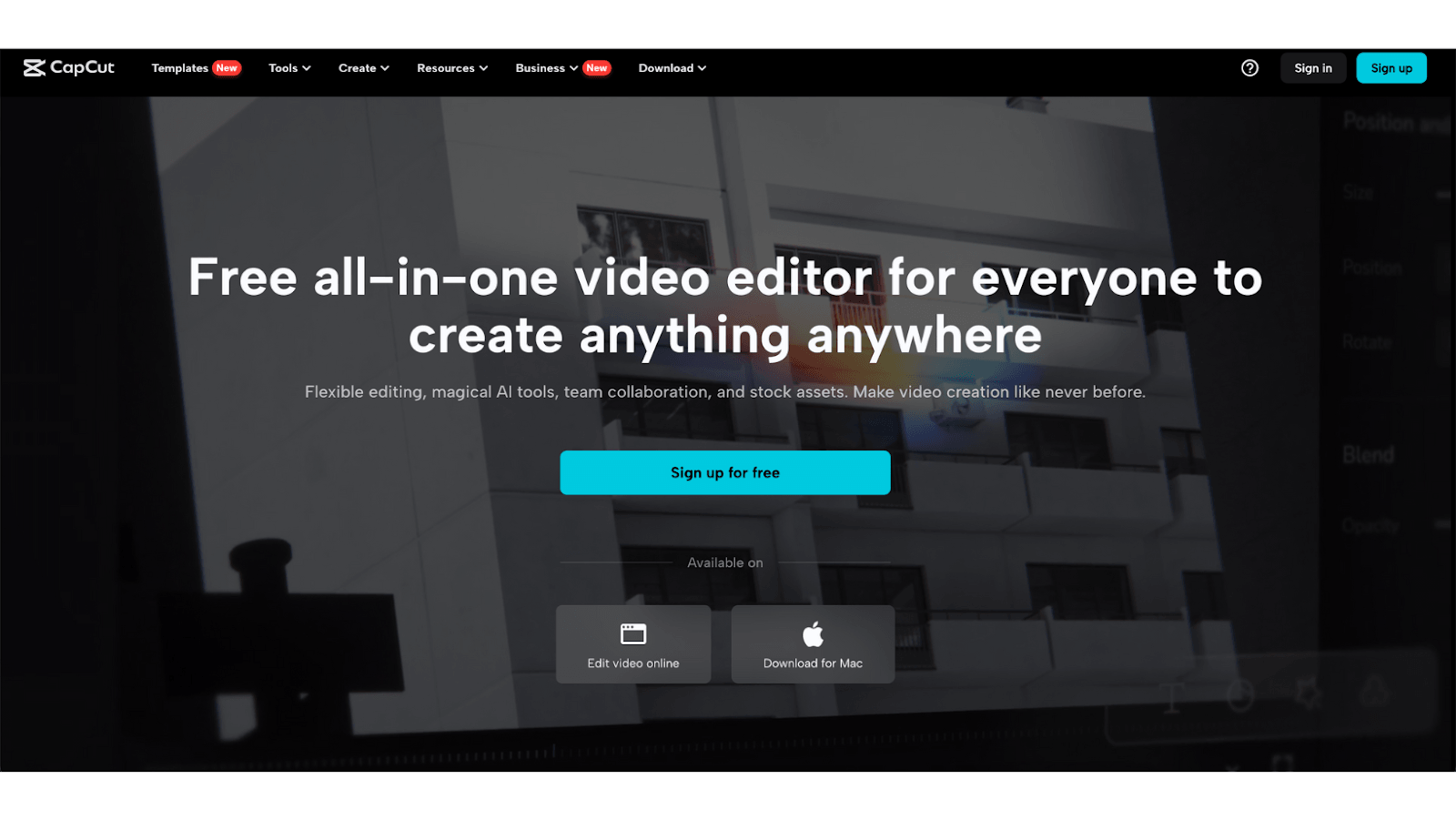 Screenshot of the CapCut homepage featuring a dark background with a modern building, white text promoting a free all-in-one video editor, a blue "Sign up for free" button, and options to edit video online or download for Mac.
